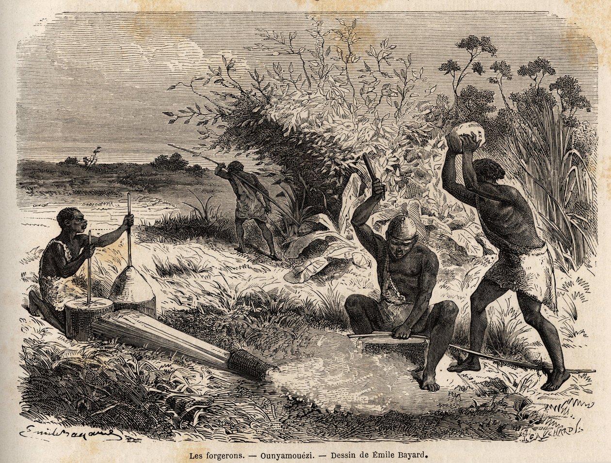 Seppiä Ounyamouezissa (Suurten järvien alue, Afrikka), Emile Bayardin (1837-1891) piirros, joka kuvaa kapteeni Speken Afrikan löytöretkeä vuosina 1860-1863. Kaiverrus teoksessa "Le tour du monde", toimittanut Edouard Charton. tekijältä Emile Antoine Bayard