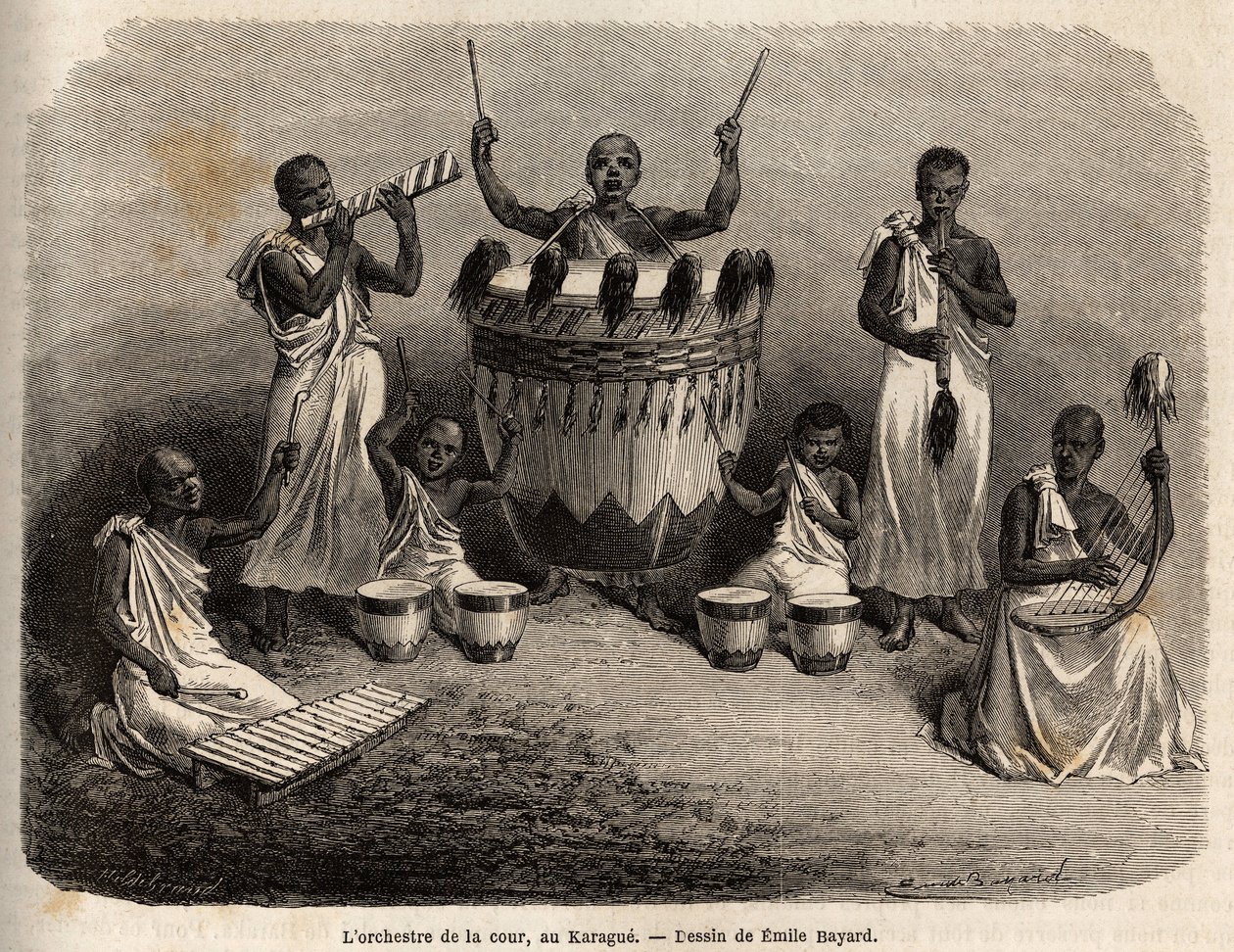 Hoviorkesteri Karaguessa (Victoria-järven länsipuolella, nykyinen Zimbabwe), Emile Bayardin (1837-1891) piirustus kuvaa kapteeni Speken löytömatkaa Afrikassa vuosina 1860-1863. Kaiverrus "" Le tour du monde ””, editoi Edouard Char tekijältä Emile Antoine Bayard