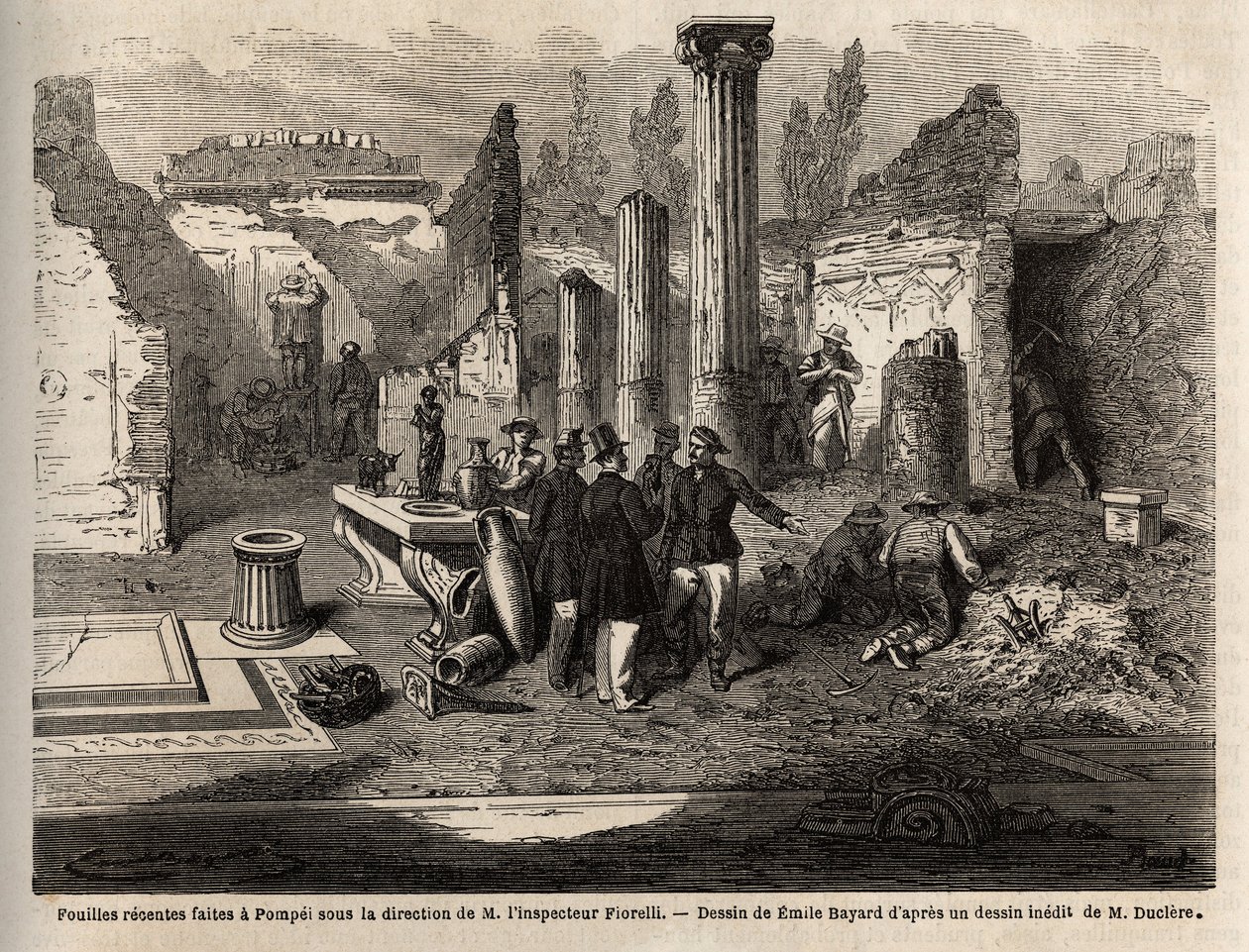 Vuoden 1864 kaivaukset Pompejissa komisario Fiorellin johdolla, Emile Bayardin (1837-1891) piirustukset havainnollistamaan Marc Monnierin (1829-1885) tekstiä "" Pompei ja pompeijalaiset"". Kaiverrus kirjassa "" Le tour du monde"", toimittanut Edouard Chart tekijältä Emile Antoine Bayard