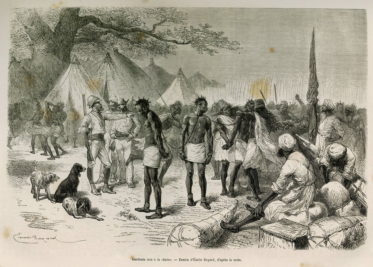 Retkikunnan röyhkeät kuljettajat asettivat ketjuun Emile Bayardin piirtäen havainnollistamaan tarinaa: Afrikkaa, Sansibarista (Tansania) Benguelaan (Angolaan), vuosina 1872–1876, luutnantti V.H.Cameron. Kaiverrus kirjassa Le tour du monde tekijältä Emile Antoine Bayard