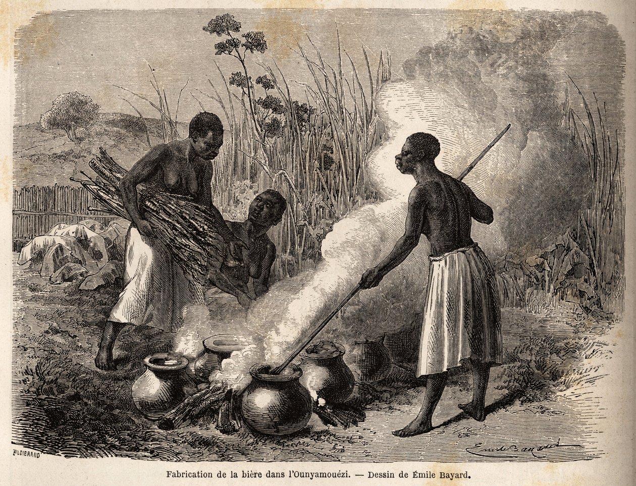 Oluen tuotanto ounyamouezissa (Suurten järvien alue, Afrikka), Emile Bayardin (1837-1891) piirros, joka havainnollistaa kapteeni Speken löytömatkaa Afrikassa vuosina 1860-1863. Kaiverrus kirjassa "" Le tour du monde", toimittanut Edouard Charton tekijältä Emile Antoine Bayard