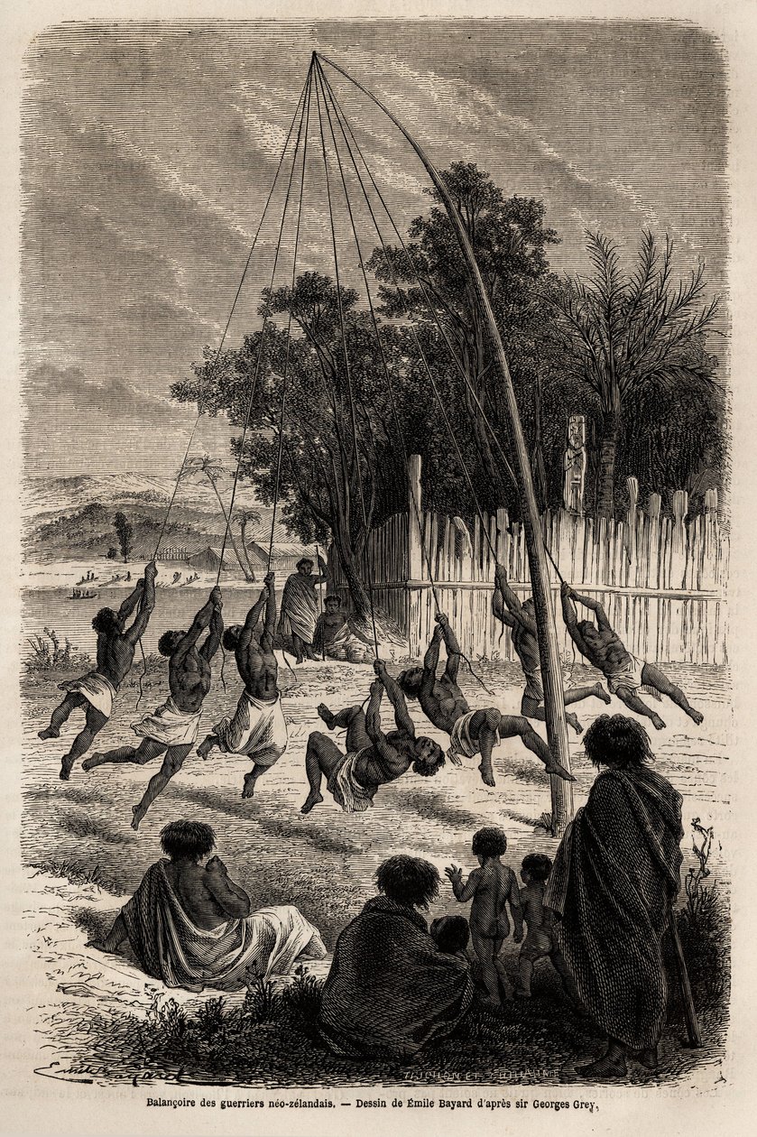 Uusseelantilaisten soturien keinu Aucklandin kannaksella, Emile Bayardin (1837-1891) piirustus havainnollistamaan Ferdinand de Hochstetterin matkaa Uuteen-Seelantiin vuosina 1858-1860. Kaiverrus kirjaan "" Le tour du monde", toimittanut Edouard Charton tekijältä Emile Antoine Bayard