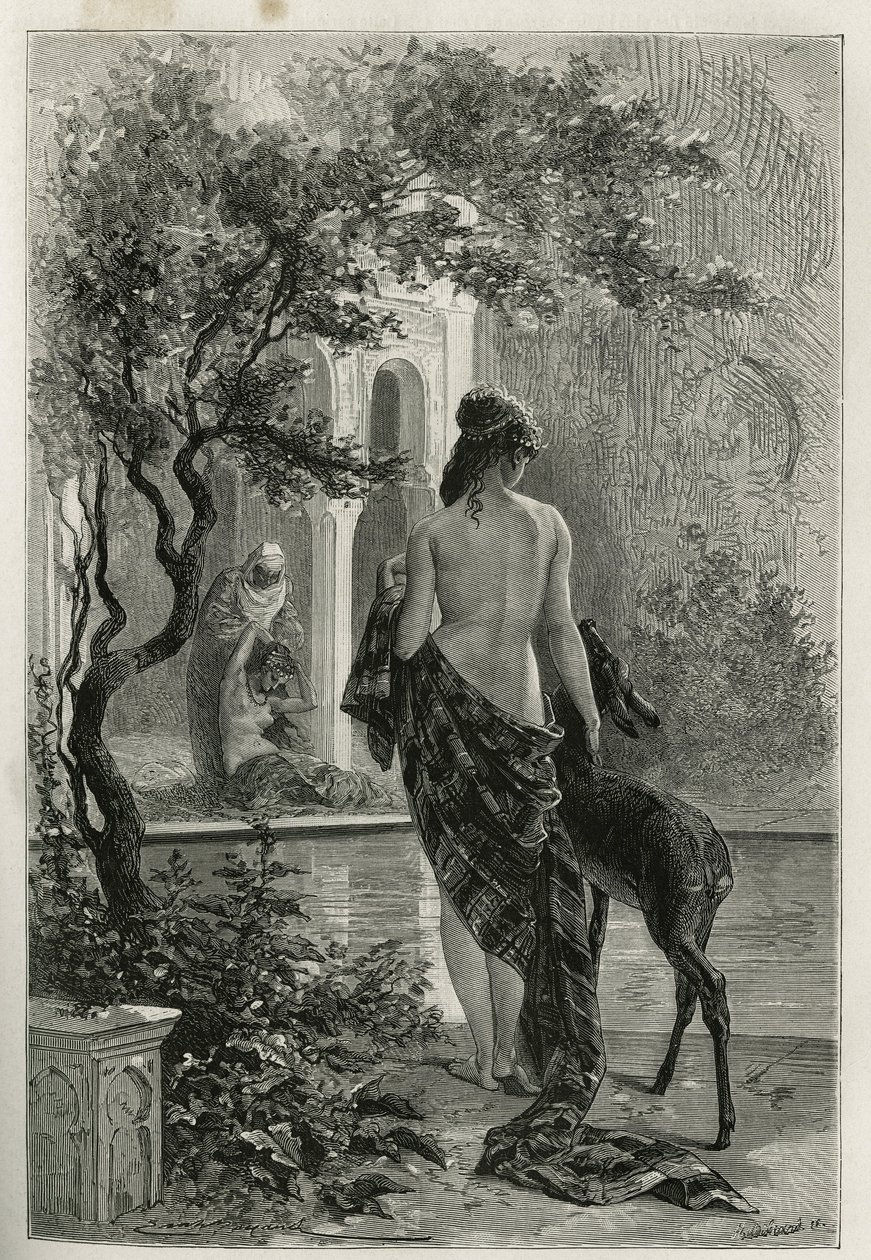 Un jardin à Fes, Emile Bayardin kaiverrus havainnollistamaan Edmondo de Amicisin tarinaa Marokosta, vuonna 1875, julkaistu tour du monde -lehdessä Edouard Chartonin johdolla. tekijältä Emile Antoine Bayard