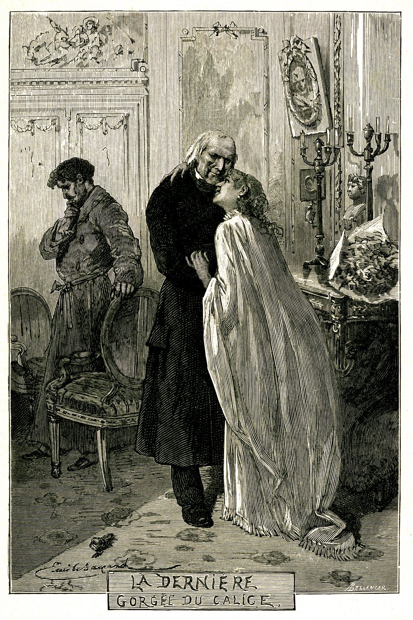 Victor Hugo "Onnelliset", "The Last Gorgee of the Chalice". Kuvitus Emile Bayard. Entinen fortaatti Jean Valjean tuli vanhaksi Cosetten ja Mariuksen kanssa. Kaiverrus painoksesta Ollendorff 1906. tekijältä Emile Antoine Bayard