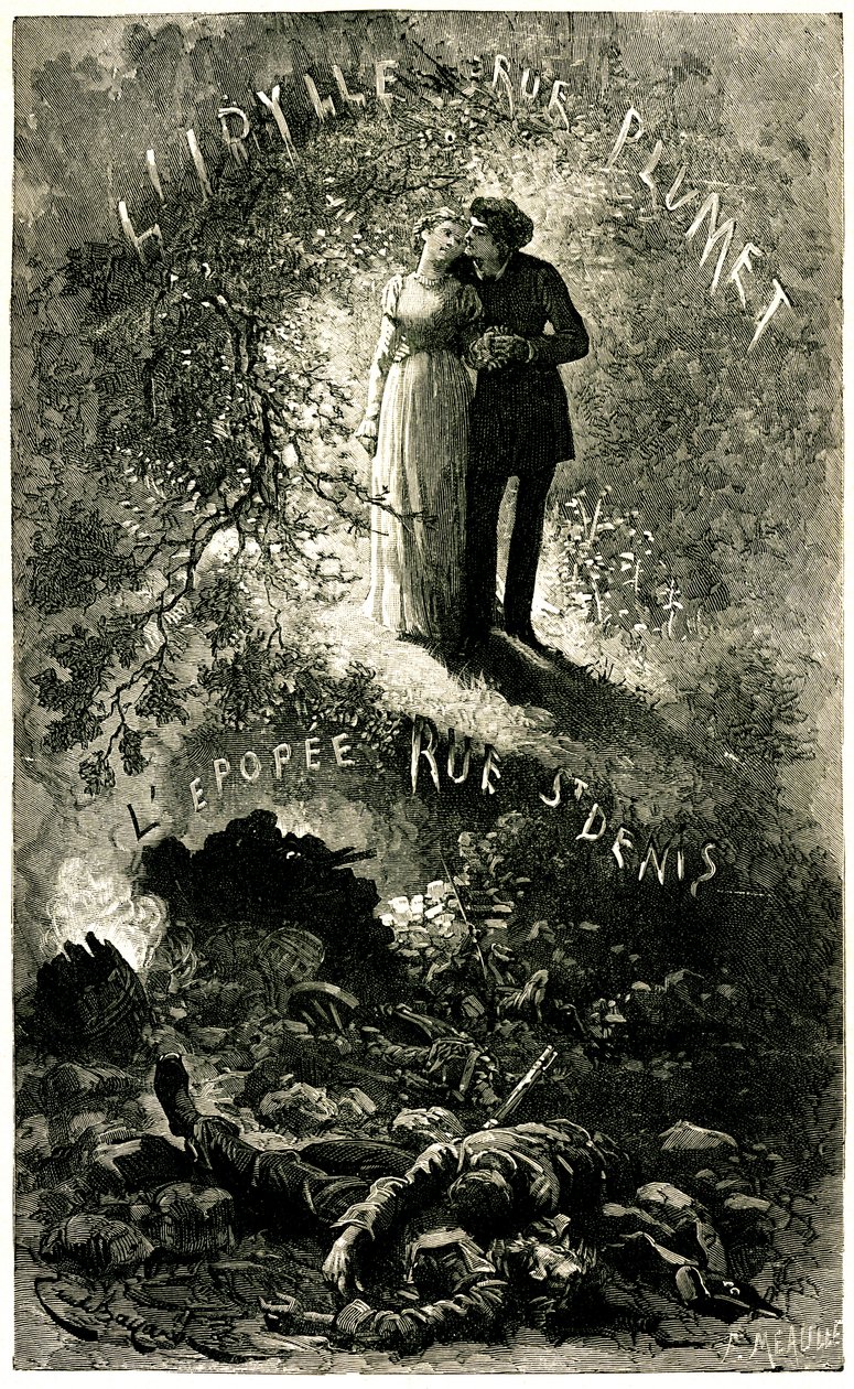 Victor Hugon Miserables: sentimentaalinen juoni historiallisen freskon taustalla. Cosetten ja Mariuksen rakastajat (rakkaus - idylle rue Plumet) ja Pariisin barrikadit (vallankumous - Epopee rue St Denis (Saint-Denis). Emile Bayardin kuvitus Ollille tekijältä Emile Antoine Bayard
