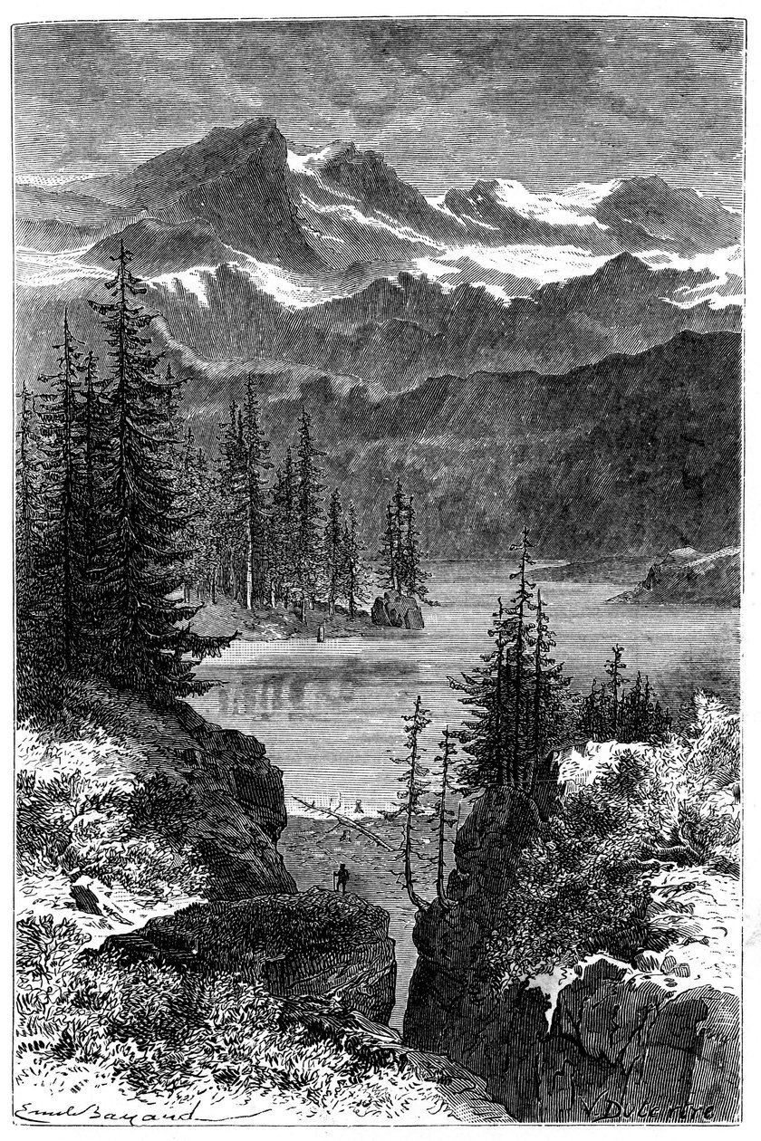 Näkymä Alpeille: metsä, järvi, huiput. Emile Bayardin kuvitus kirjalle Les Montagnes d