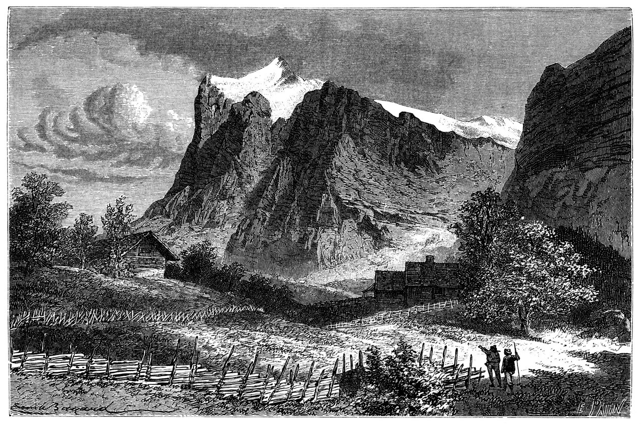 Näkymä Sveitsin Alpeille. Emile Bayardin kuvitus kirjalle Les Montagnes d