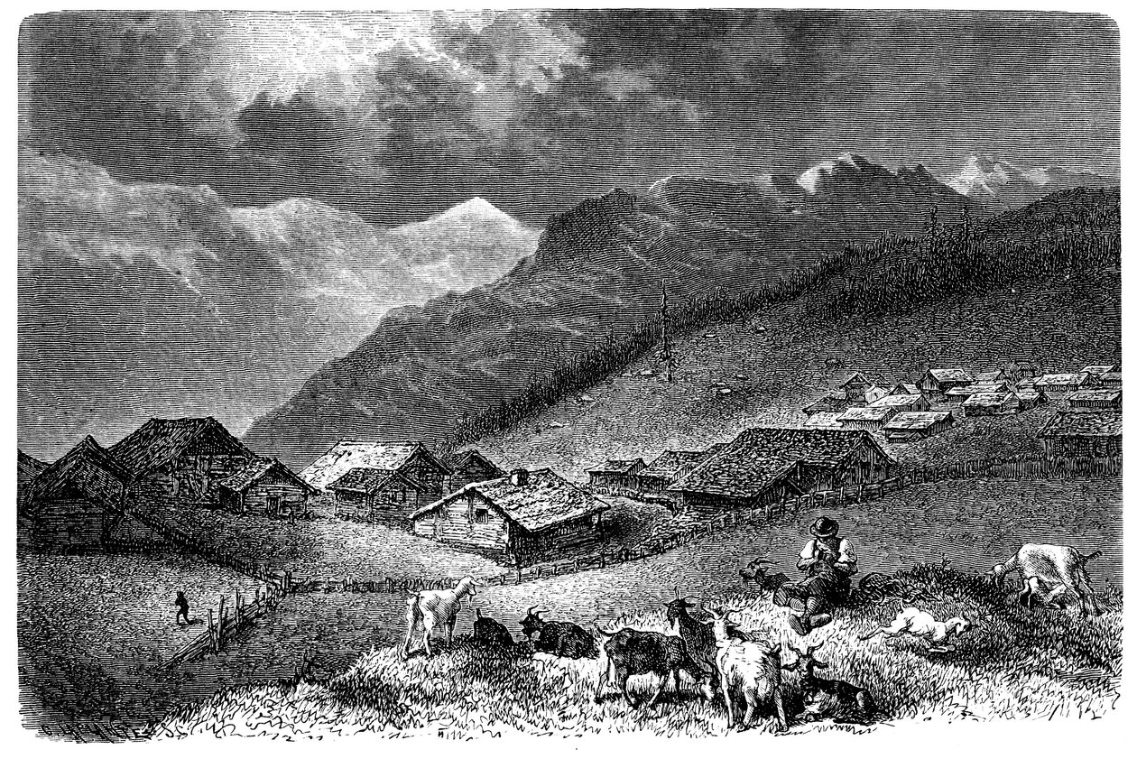 Kylä Alpeilla. Murren, Bernin Oberlandissa, korkeus 1630 metriä. Paimen pitää vuohi- ja lammaslaumansa (lammas). Emile Bayardin kuvitus Albert Dupaignen kirjaan "Les Montagnes", painos Mame 1881. tekijältä Emile Antoine Bayard