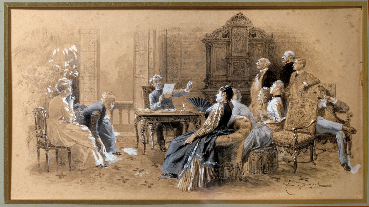 Kirjailija Alexandre Dumas Jr. (1824-1895) lukee Emile Bayardin (1837-1891) 1800-luvun Villers Cotteretsin teoksiaan Lavis d