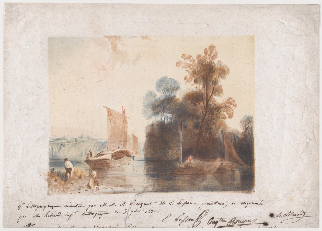Maisema joen ja veneiden kanssa, 1837 tekijältä Emile Aubert Lessore