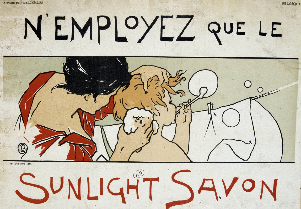 Käytä vain Sunlight-saippuaa, äiti hoitaa lapsensa wc:tä ja pyykkiä pidennettynä - Berchmans, 1800-luvun loppu tekijältä Émile Berchmans