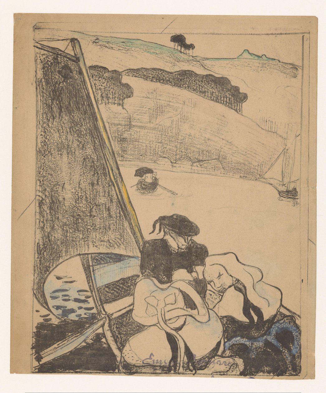 Kaksi bretonilaista naista ja mies veneessä Le return du anteeksi Breton naiset (sarjan nimi) Bretonnes (sarjan nimi) tekijältä Émile Bernard (signed by artist)