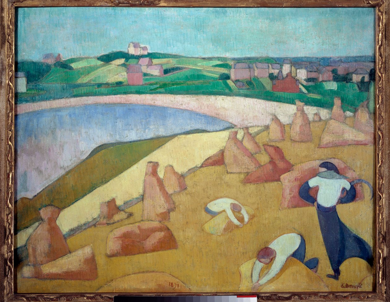 Sadonkorjuu meren rannalla, Saint Briac sur mer vuonna 1891. Emile Bernardin maalaus (1868-1941) tekijältä Emile Bernard