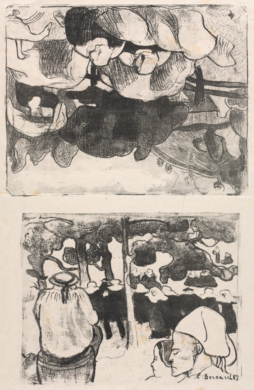 Les Bretonneries: Breton-naiset heinäsuovasta (Bretonnes Faisant les Foins) ja häät Bretagnessa (La Noce en Bretange) tekijältä Emile Bernard