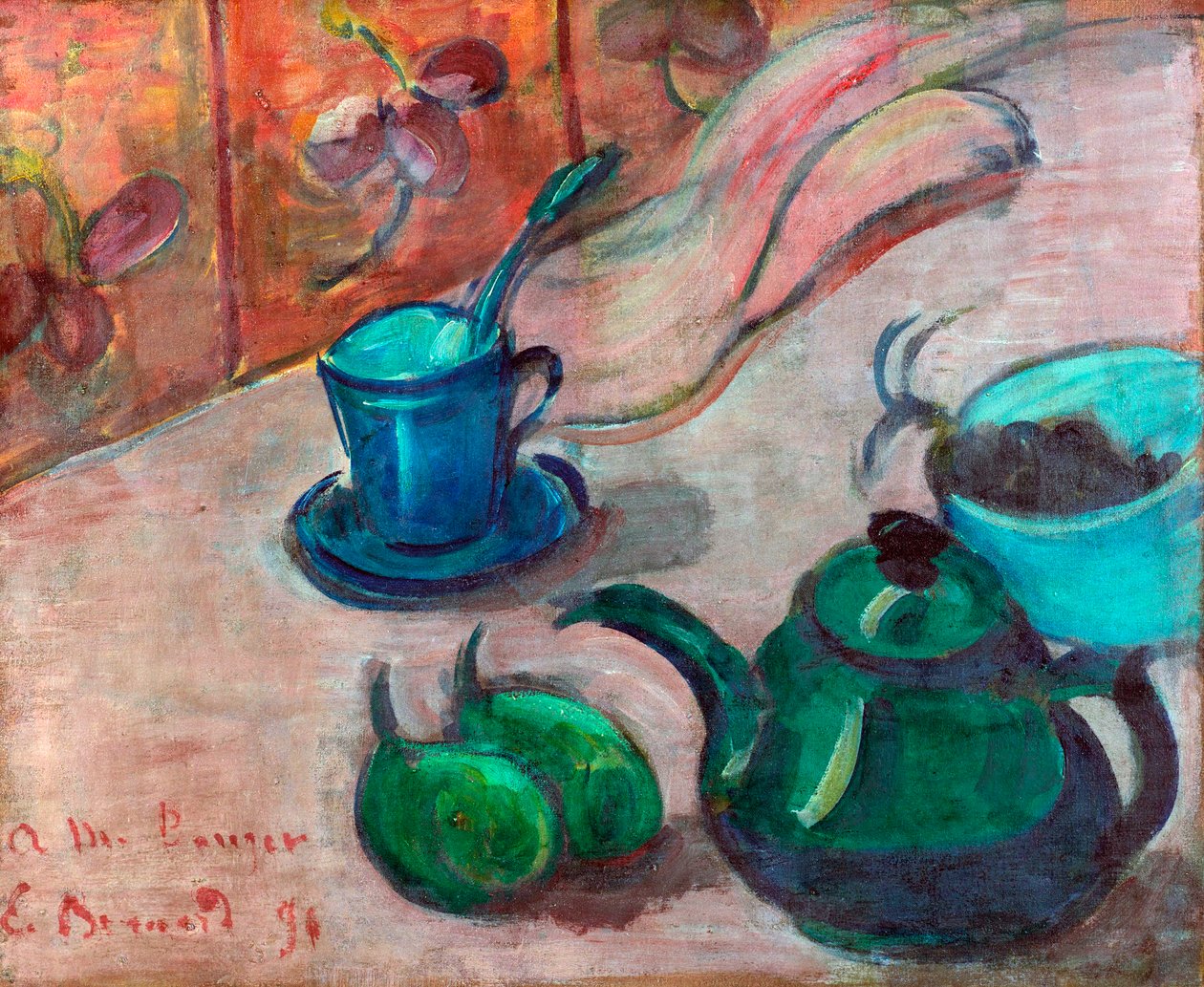 ""Nature morte a la theiere, tasse et fruit"" (Asetelma teekannulla, kupilla ja hedelmillä) Peinture d