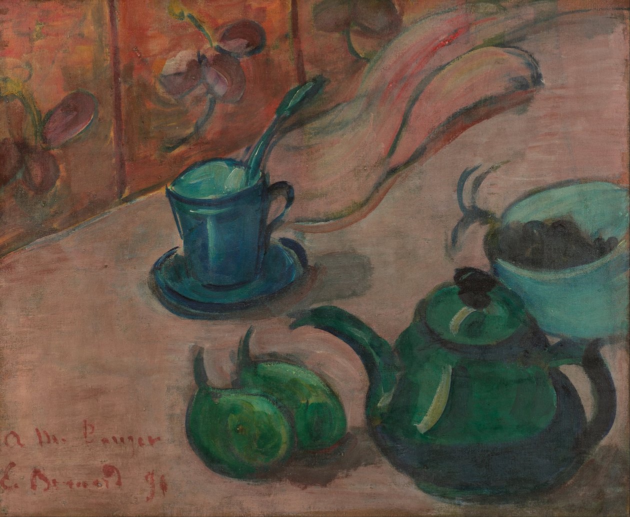 Asetelma teekannu, kuppi ja hedelmät tekijältä Emile Bernard