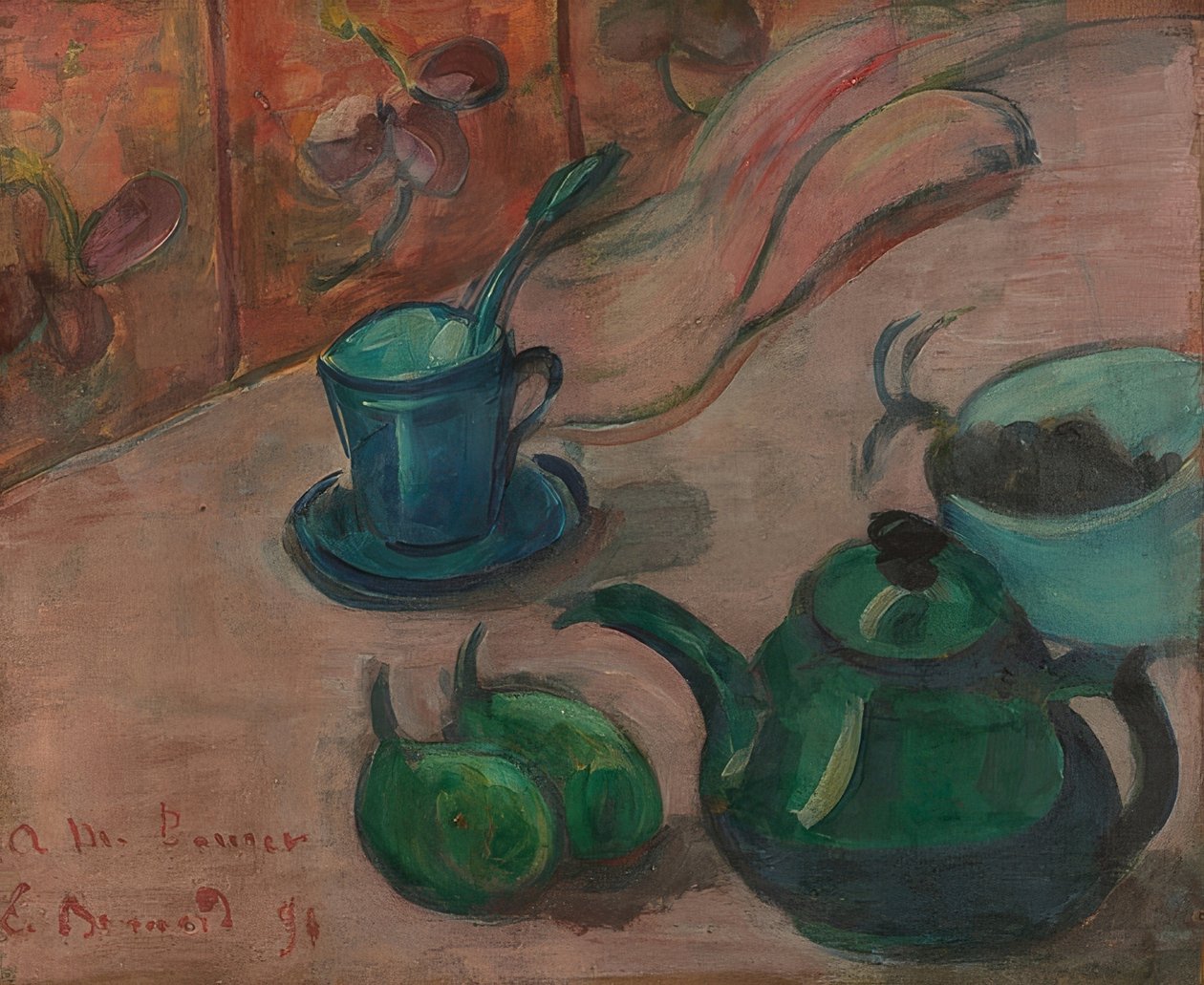 Asetelma teekannulla, kupilla ja hedelmillä. 1890 tekijältä Emile Bernard