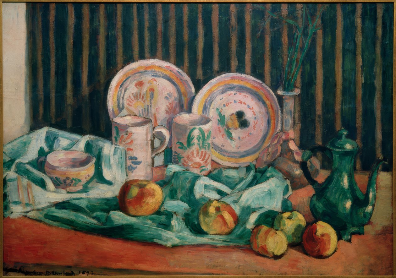 Asetelma omenoilla ja bretoni keramiikkaa tekijältä Emile Bernard