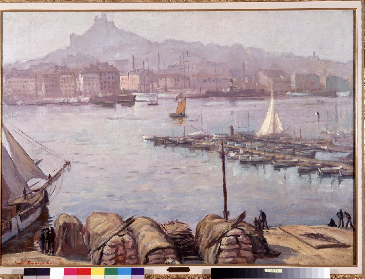 Marseillen vanha satama ja Notre-Dame-de-la-Garde (Notre-Dame-de-la-Garde), jota kutsutaan myös Hyväksi äidiksi”” Emile Bernardin (1868-1941) maalaus 1929 Dim. 77,5x107 cm Pakollinen maininta: Kokoelman perusterveiset Provencesta, Marseillesta tekijältä Emile Bernard