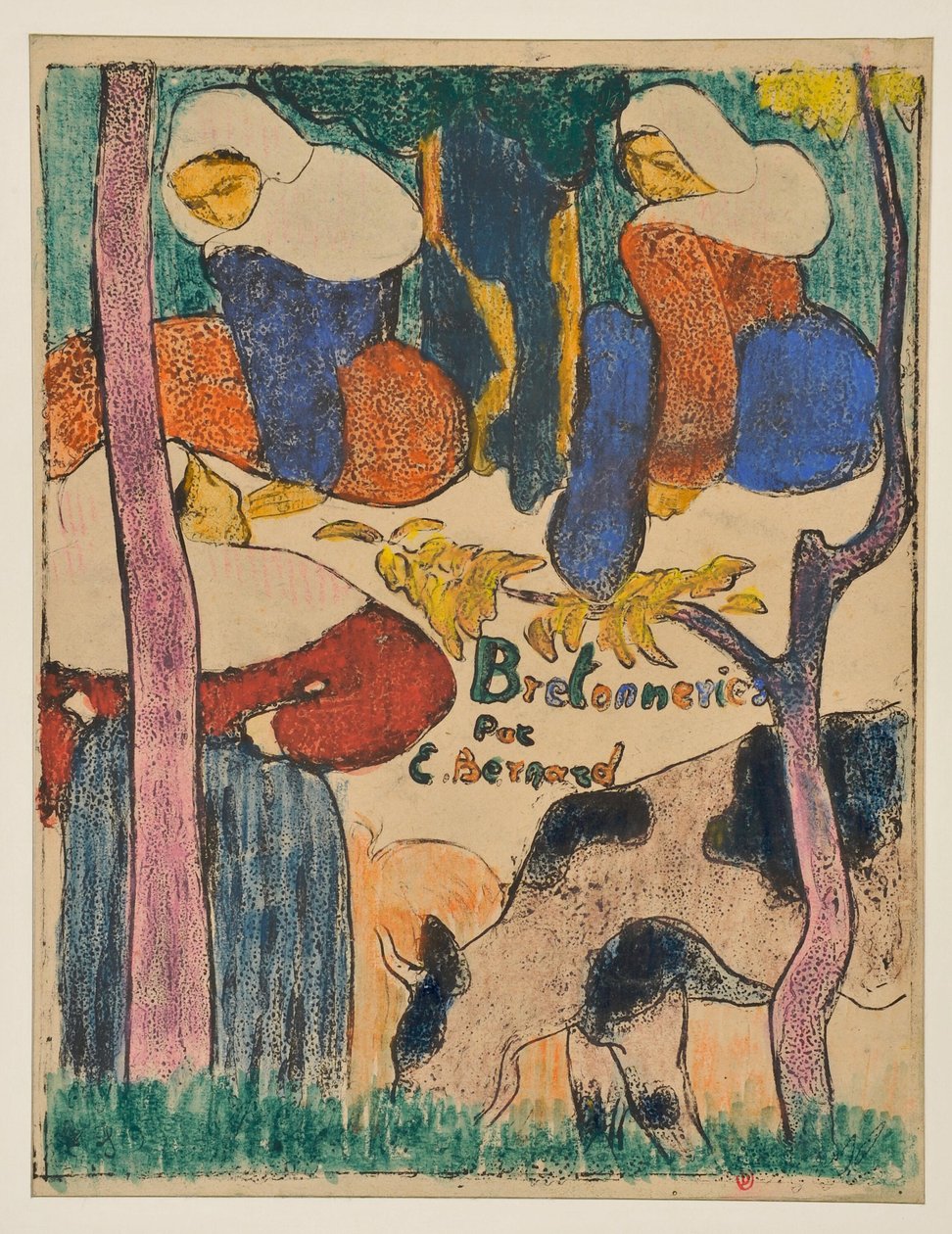 Drei Frauen und eine Kuh auf einer Wiese tekijältä Emile Bernard