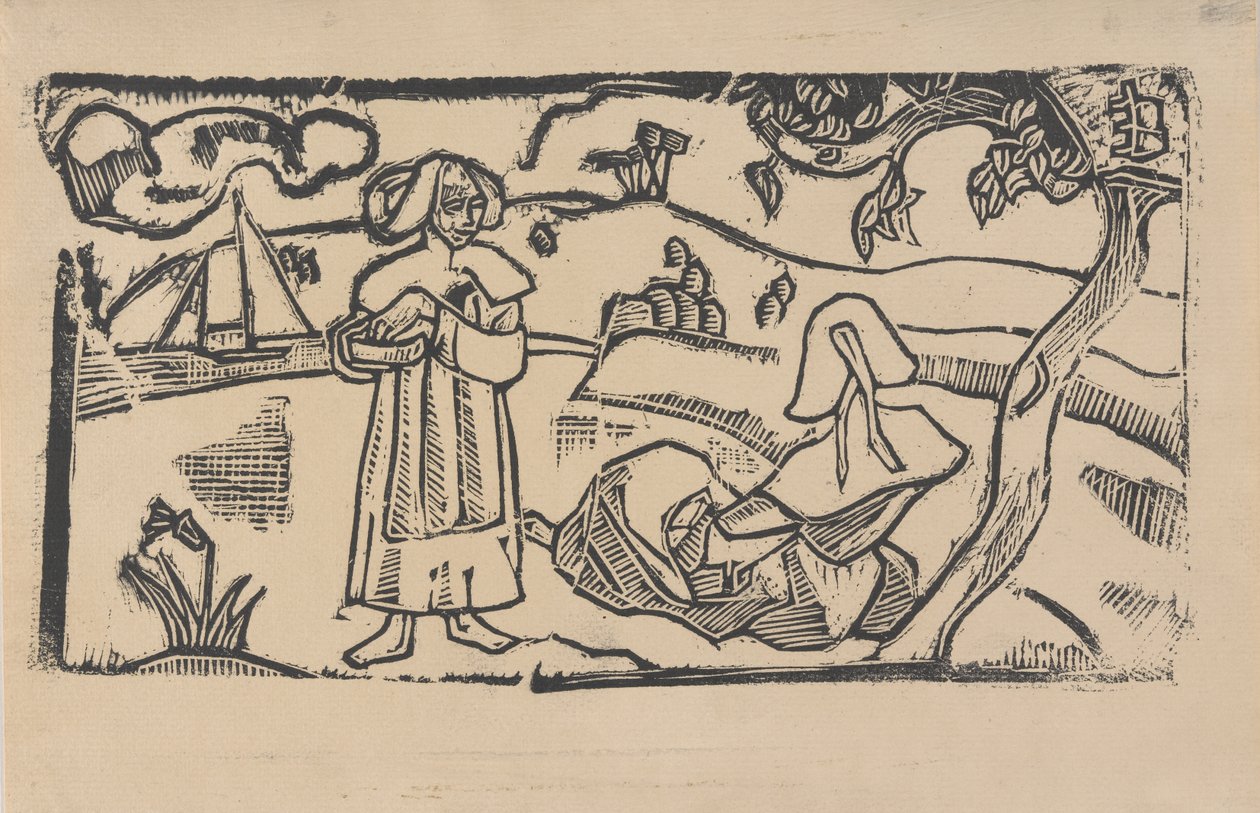 Two Breton Women, n. 1891 (puukiviprintti) tekijältä Emile Bernard