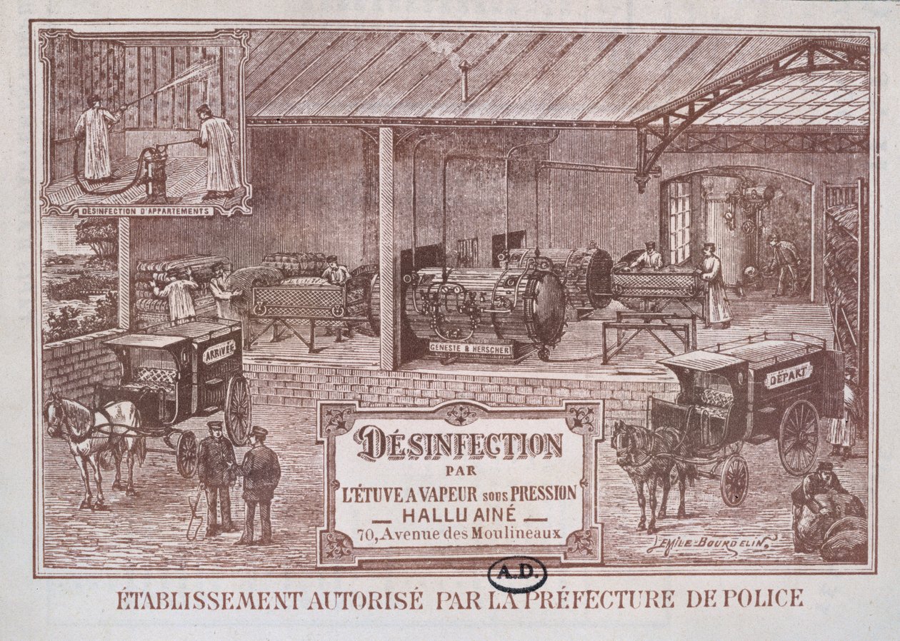 Julistemainos Machinery for Desinfiction by Steam valmistanut Hallu Aine, 1800-luvun loppu tekijältä Emile Bourdelin