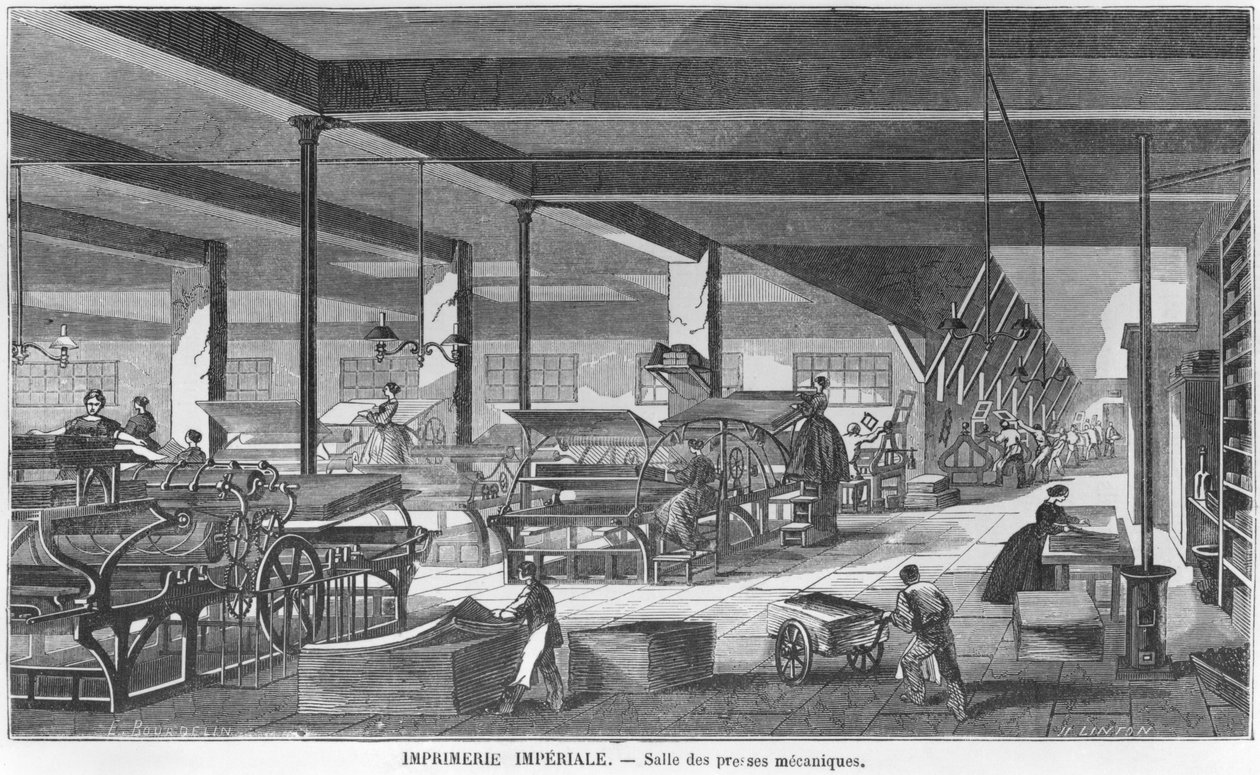 Imperial Printing Worksin painokonehuone, kuvitus Julien Turganin teoksesta "Les Grandes Usines", kaiverrus Henry Duff Linton (1815-99) n. 1880 tekijältä Emile Bourdelin