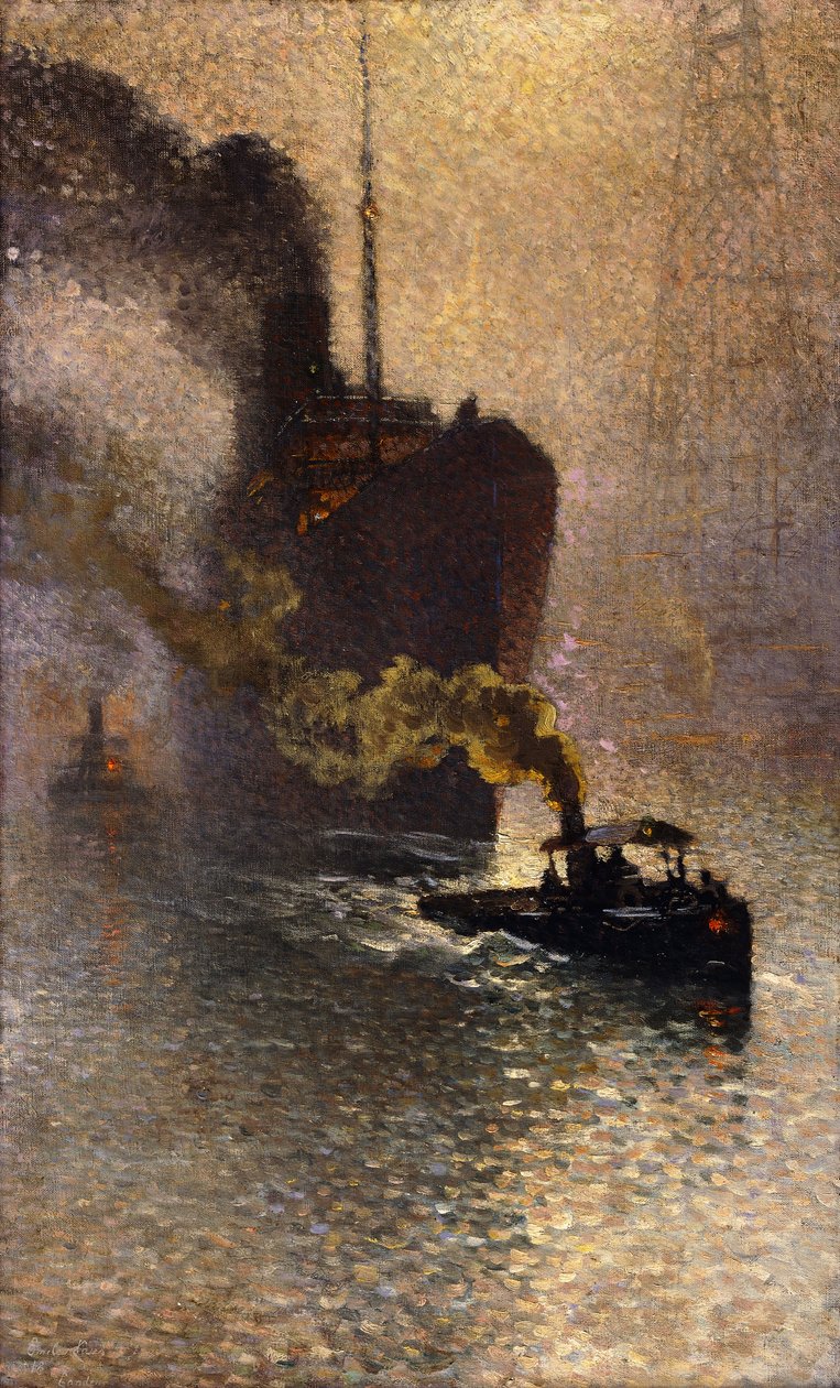 In Tow on the Thames in the Sumu; Escorte sur la Tamise dans le Brouillard - Taken in Tow on the Thames, 1918 tekijältä Emile Claus
