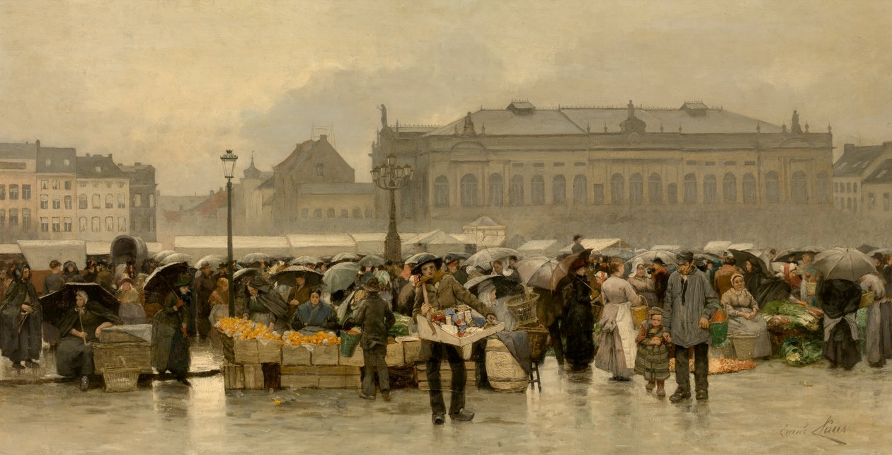 Markkinat teatterin edessä Antwerpenissä (öljy kankaalle) tekijältä Emile Claus