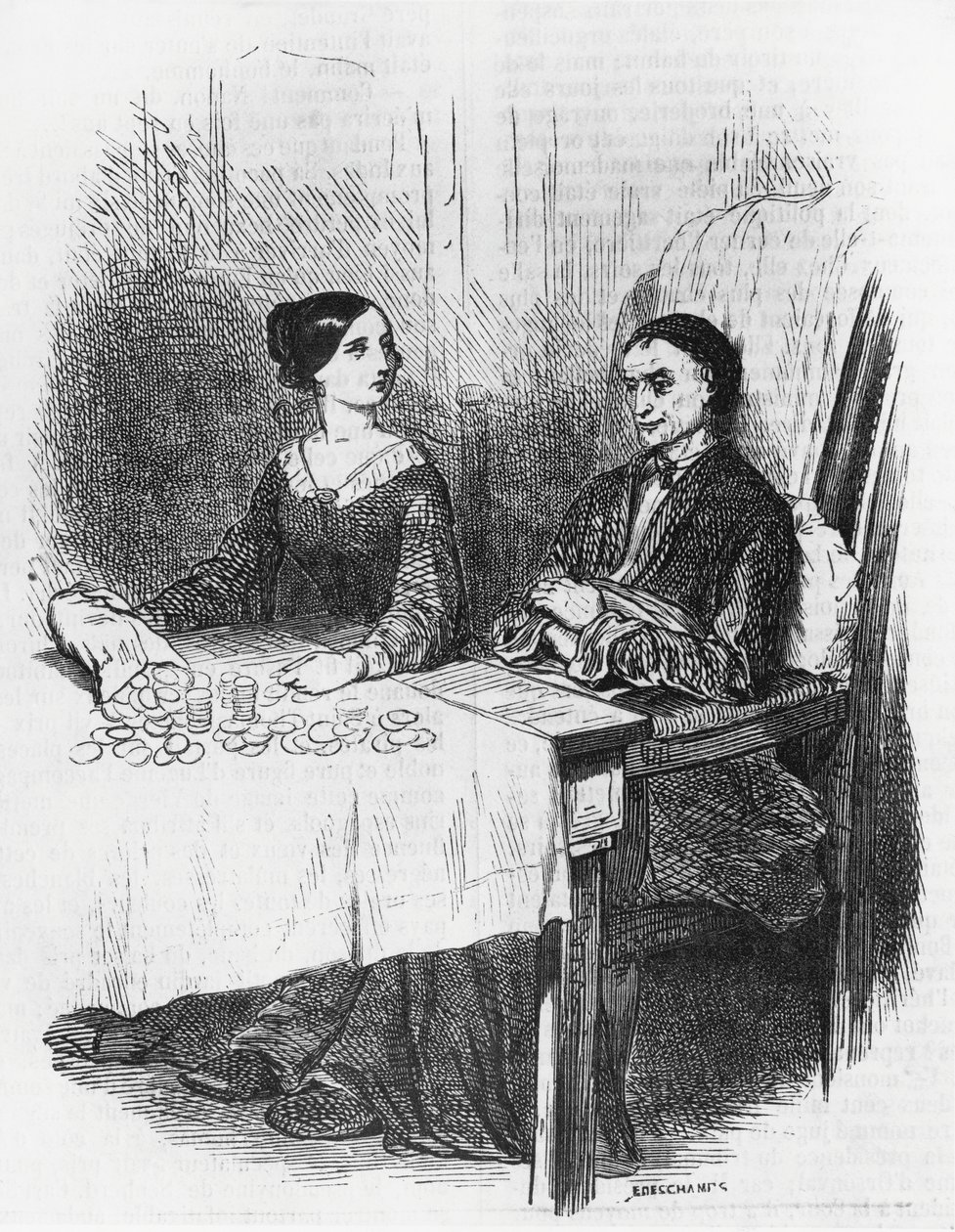 Kuvitus Eugenie Grandetille, Honore de Balzacin (1799-1850) romaani moniosaisesta kokoelmasta Human Comedy, kaiverrus Emile Deschamps (1822-1893) tekijältä Emile Deschamps