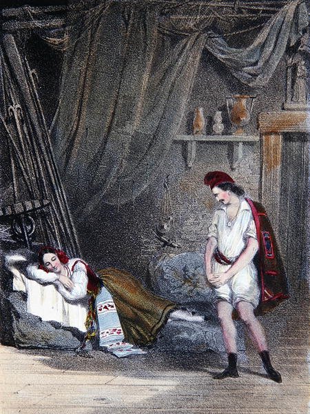 Kohtaus mykkätytöstä Fenellasta nukkumassa mökissä veljensä Masaniellon kanssa: IV näytös Auberin oopperasta "La Muette de Portici", n. 1835 (värilitho) tekijältä Emile Deshays
