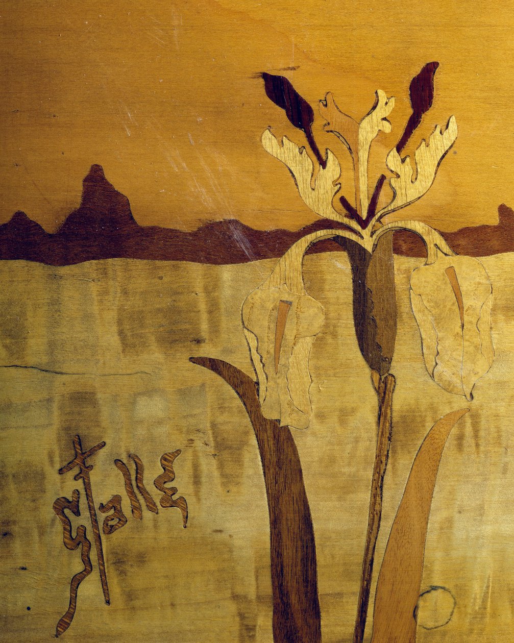 Art nouveau -tyylinen pöytä, Emile Galle (1846-1904), pähkinä, viiluviimeistely ja erilaisia puulajeja, yksityiskohta, Ranska, 1900-luku tekijältä Emile Galle