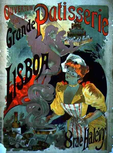 Juliste, joka mainostaa "Grande Patisserie Lisboan avajaisia" Pariisissa, n. 1895 (väri litho) tekijältä Emile Georges Giran