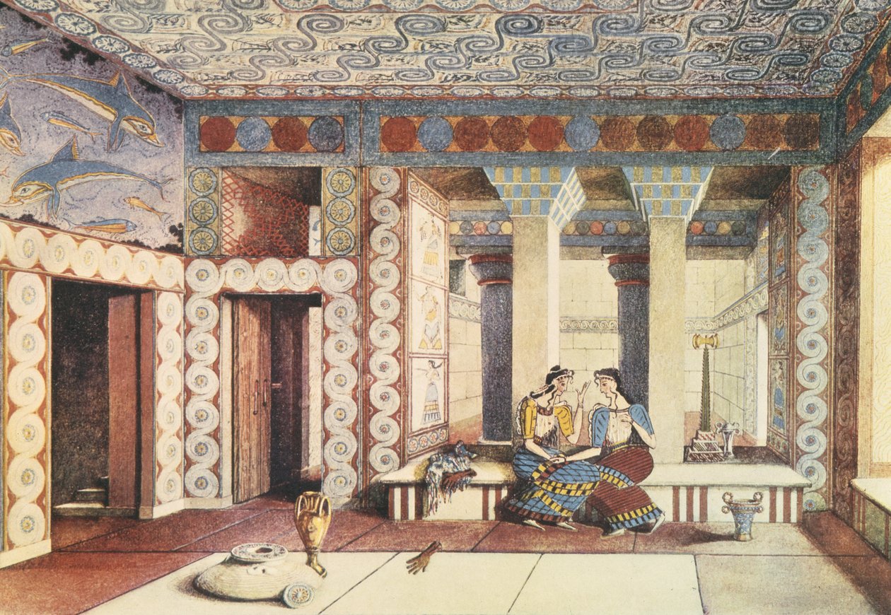 Taiteilijan näkemys Knossoksen palatsista, Kreeta, n. 1900 (litho) tekijältä Emile Gilliéron
