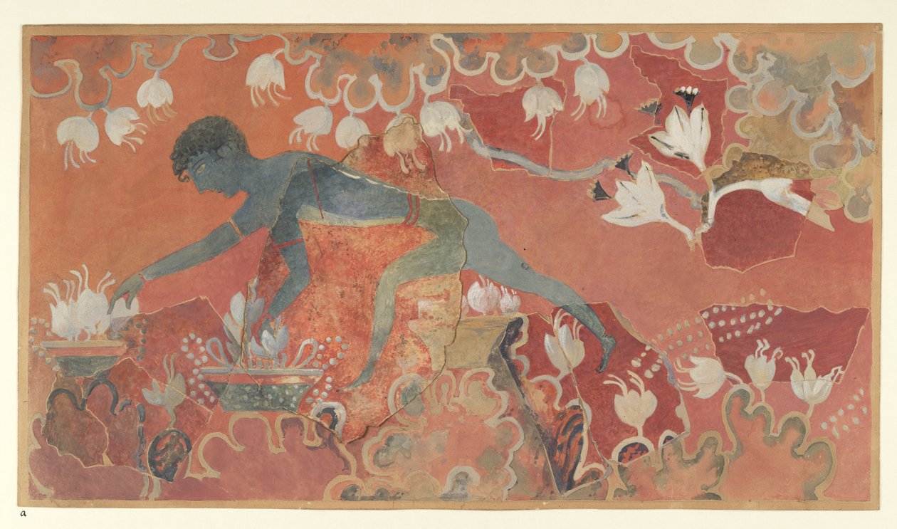 Maalaus Blue Monkey Saffron Gatherer -freskosta Knossoksen Minoksen palatsista (Evansin freskopiirros L/3 a), noin 1921 (paperi, pigmentti) tekijältä Emile Gilliéron