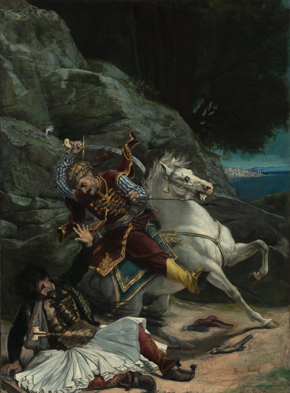 Kreikkalaisen ja turkkilaisen taistelu, vuoden 1835 jälkeen (öljy kankaalle) tekijältä Emile Jean Horace Vernet