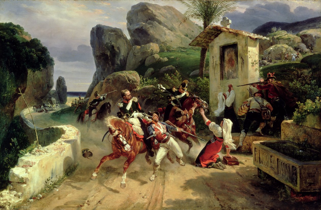 Paavin joukkojen yllättämät italialaiset prikaatit, 1831 tekijältä Emile Jean Horace Vernet