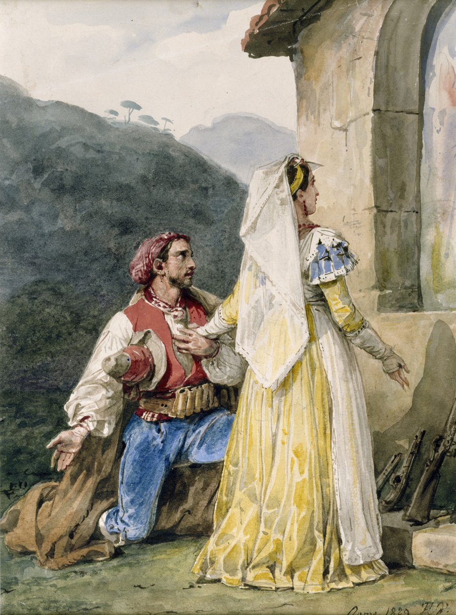 Italialaisia talonpoikia pyhäkön äärellä, 1829 (wc paperille, korotettu kumilla) tekijältä Emile Jean Horace Vernet