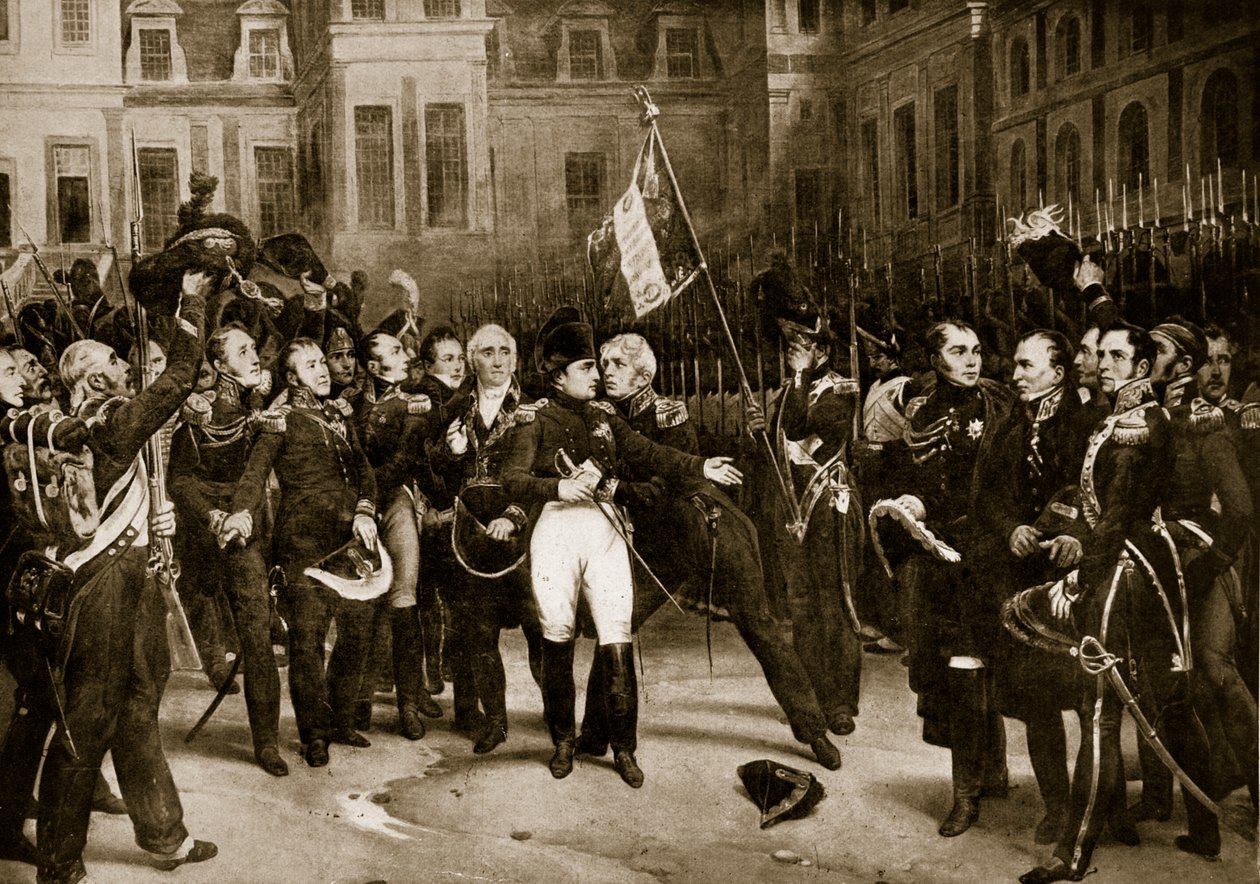 Napoleonin jäähyväiset kenraaleilleen Fontainbleaussa, 1814, kuvitus teoksesta "Hutchinson