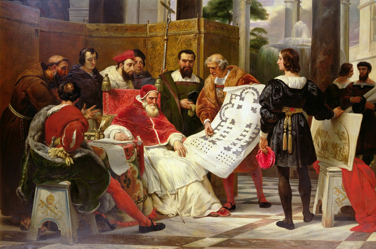 Paavi Julius II määräsi Bramanten, Michelangelon ja Raphaelin rakentamaan Vatikaanin ja Pyhän Pietarin, 1827 (yksityiskohta vuodelta 157491) tekijältä Emile Jean Horace Vernet