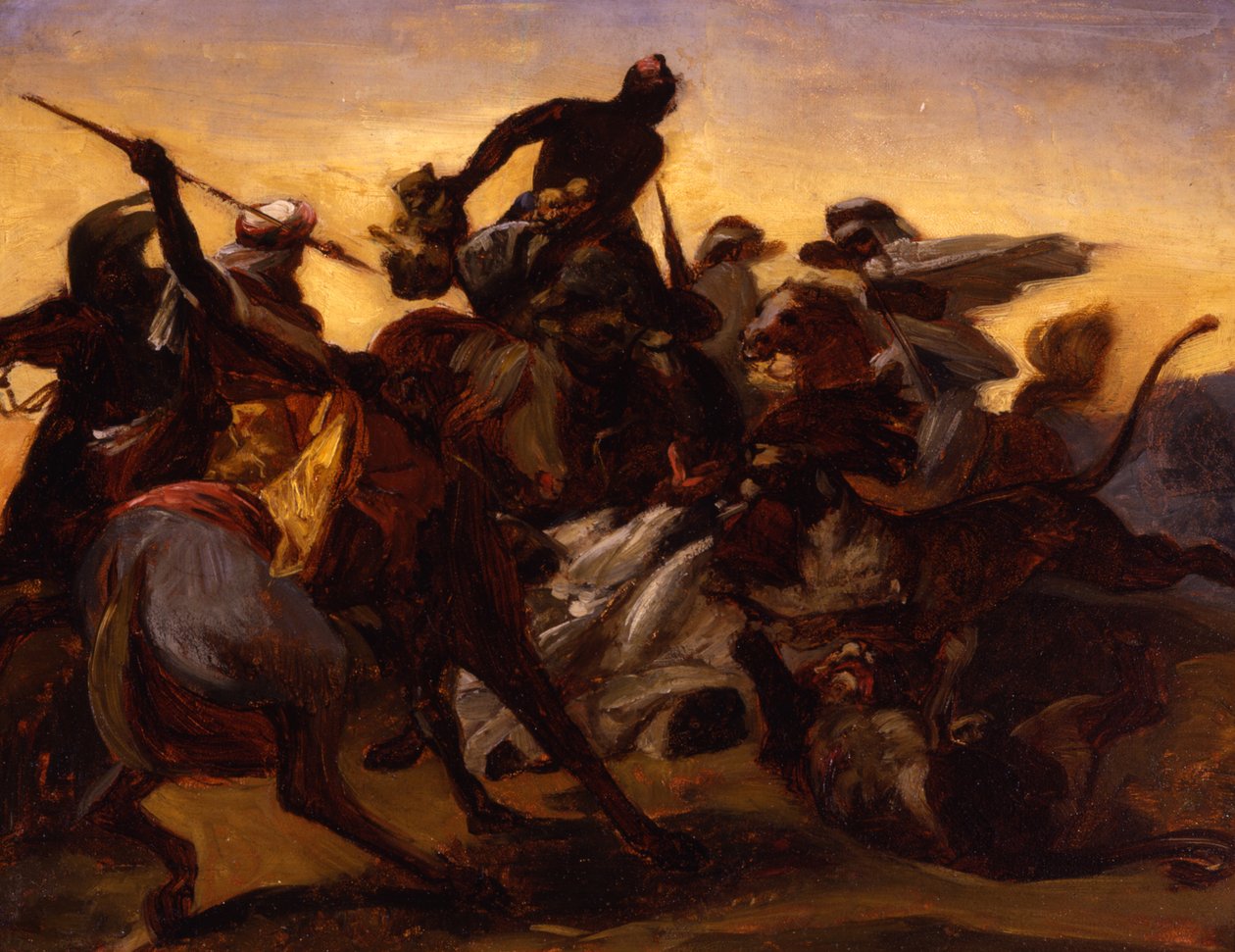 Luonnos Leijonan metsästykseen, n. 1836 (öljy kankaalle asetettu paperille) tekijältä Emile Jean Horace Vernet