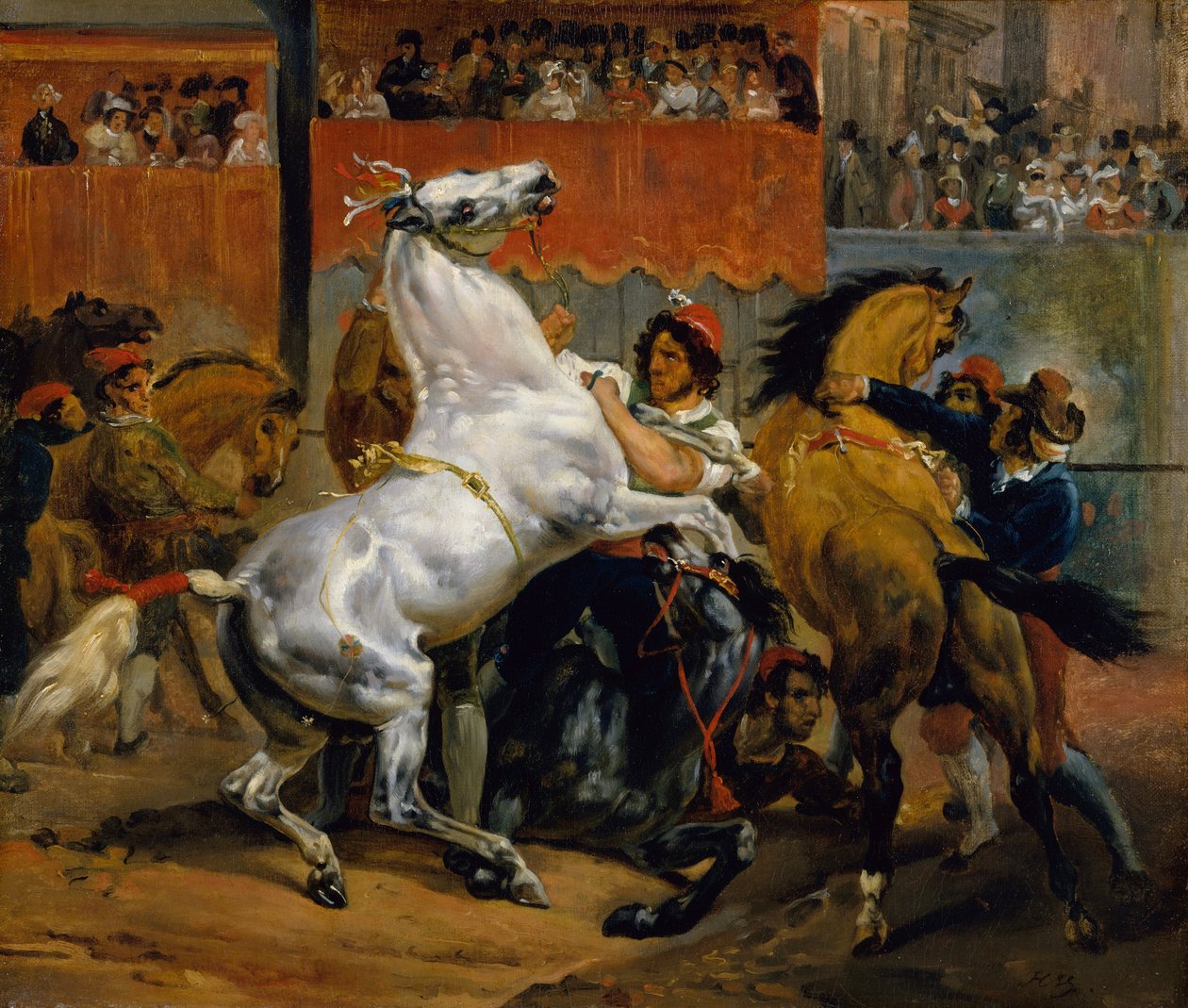 Ratsuttamattomien hevosten kilpailun alku, 1820. tekijältä Emile Jean Horace Vernet