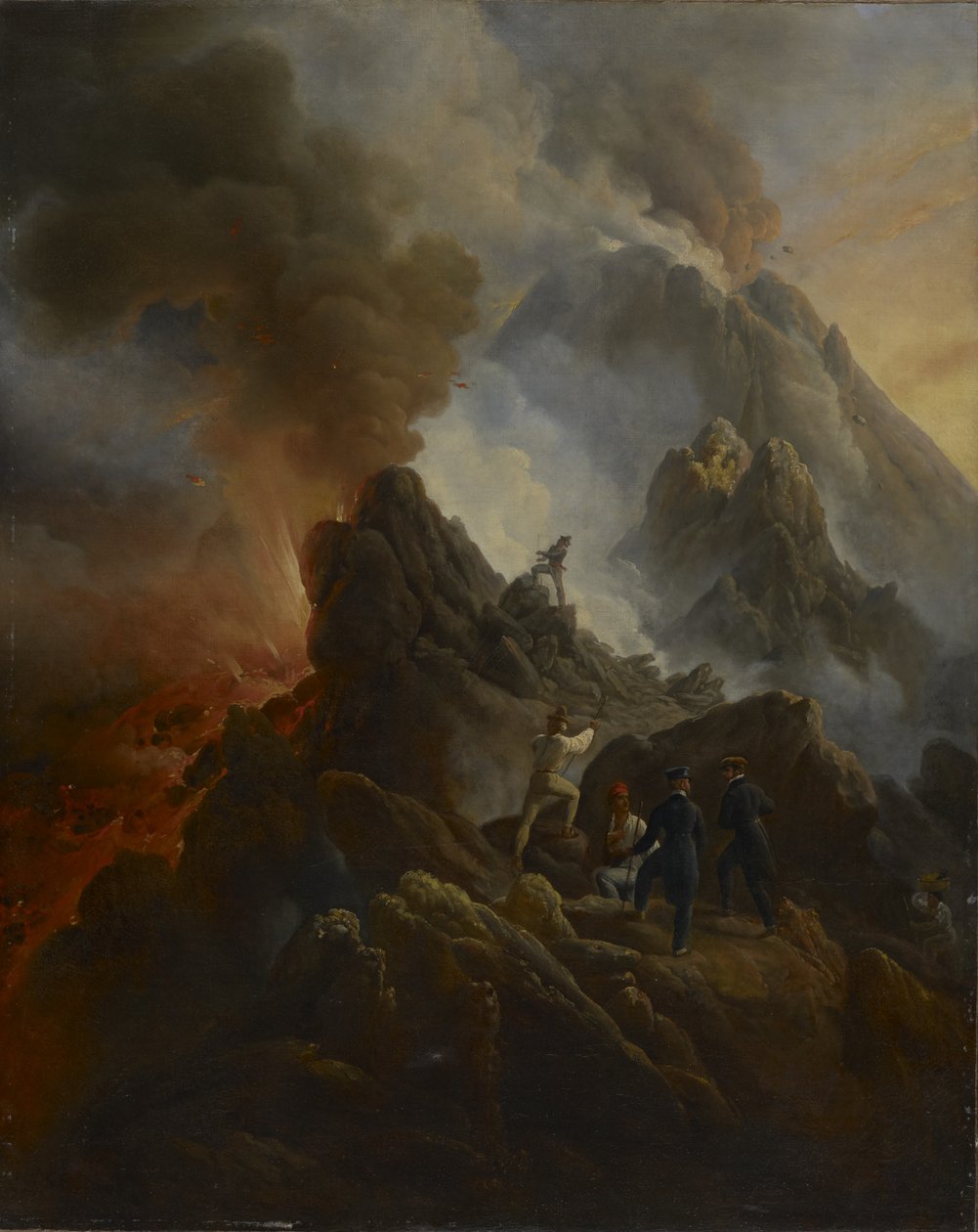 Vesuvius purkautuu, taiteilija ja hänen isänsä, Carle Vernet, etualalla., n. 1822 tekijältä Emile Jean Horace Vernet