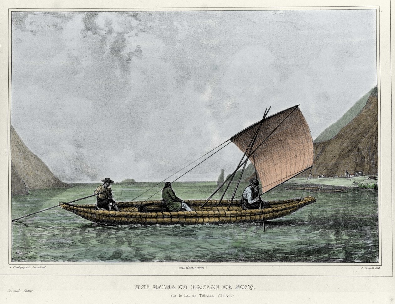 Balsa tai ihottuma vene Titicaca-järvellä (Bolivia). Emile Lassallen (1813-1871) litografia - Alcide D
