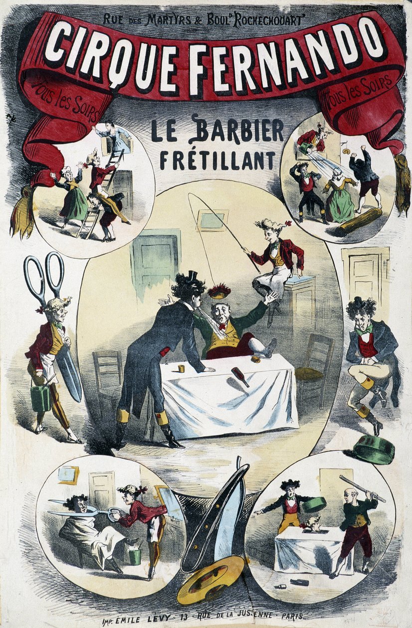 Cirque Fernando: Kirjoittava parturi - Lévyn juliste, 1800-luvun loppu tekijältä Emile Levy