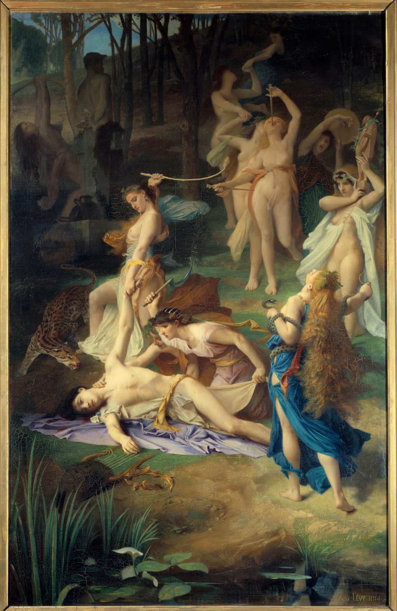 Orfeen kuolema. Bacchantes (tai Menades) helpotti minua Orphe pilkkoi sen paloiksi. Emile Levyn (1826-1890) maalaus tekijältä Emile Levy