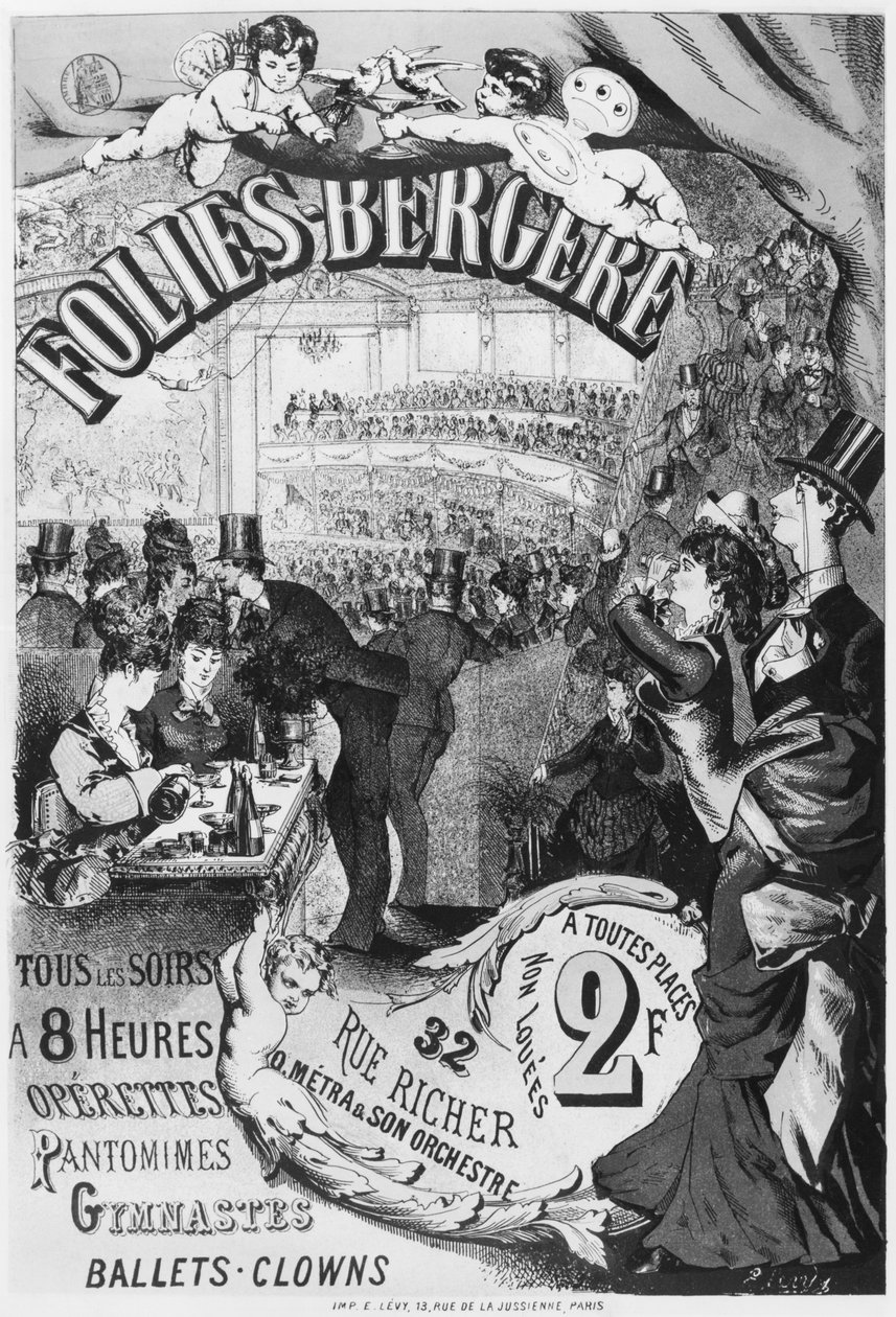 Juliste, joka mainostaa Folies Bergerea, rue Richer, Paris, 1875 tekijältä Emile Levy
