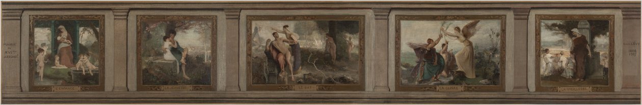 Luonnos Pariisin 16. kaupunginosan kaupungintaloa varten (salon en hémicycle): Lapsuus, nuoruus, tarkoitus, kunnia, vanhuus: Elämän aikakaudet, 1884 (öljy kankaalle). tekijältä Emile Levy