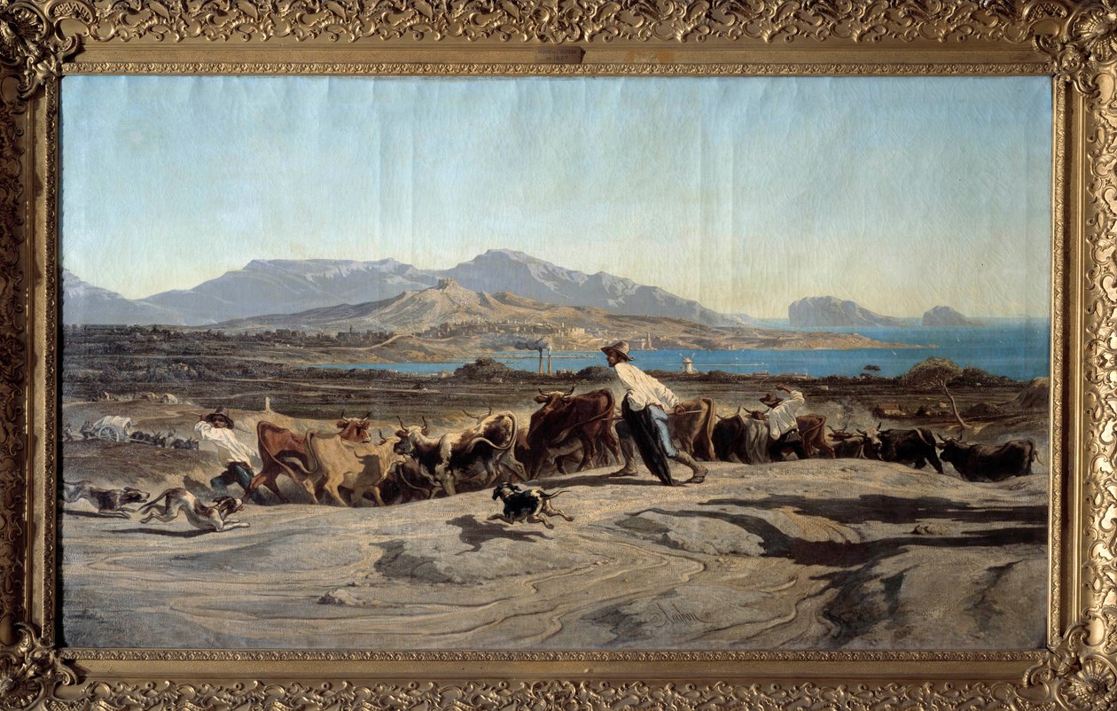 Näkymä Marseillesta otettuna Aygaladeista, päiväkävely Etualalla nuorten paimenten lauman kanssa. Emile Loubonin (1809-1863) maalaus 1853 Dim. 1,40 x 2,60 m Marseille. Kuvataidemuseo tekijältä Emile Loubon