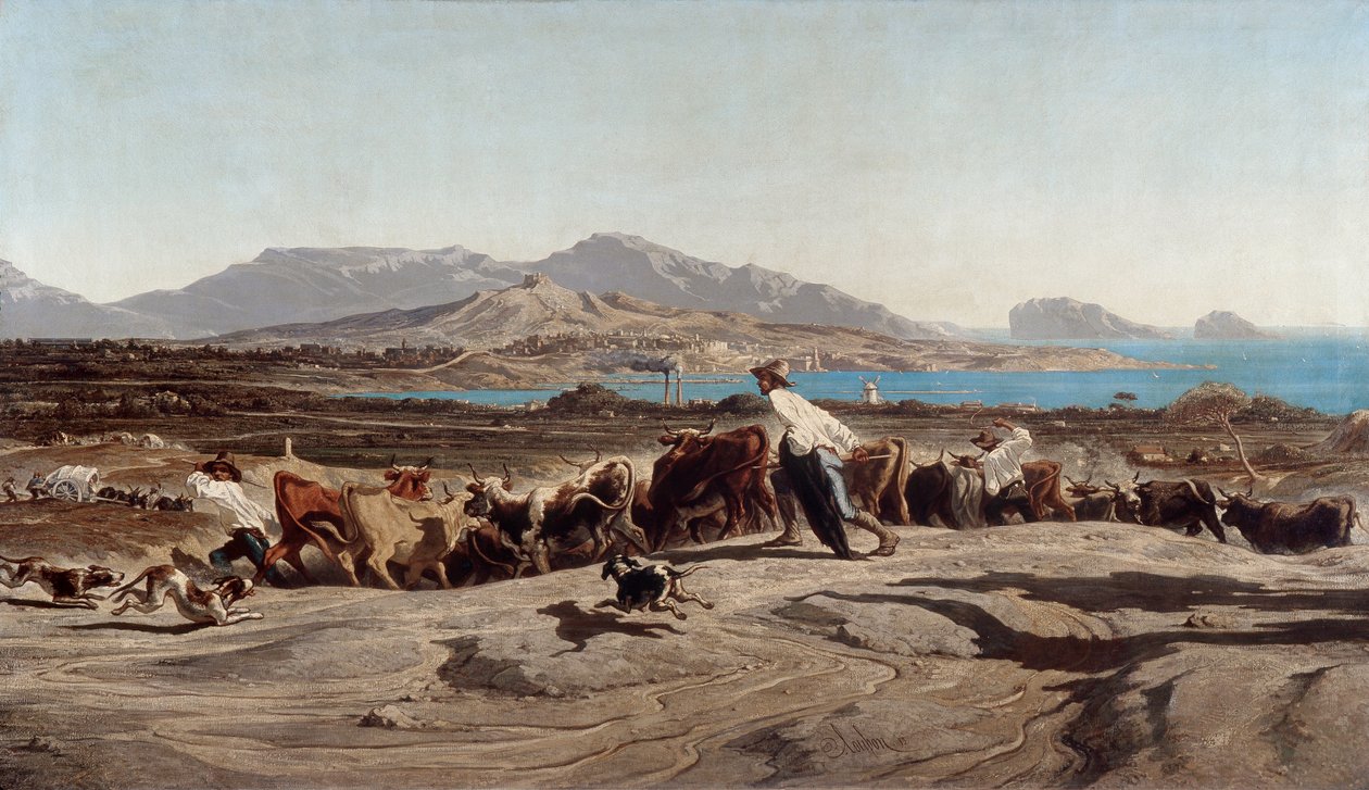 Näkymä Marseillesta, päiväkävelyllä Aygaladeissa - Emile Loubonin maalaus (1809-1863) tekijältä Emile Loubon